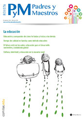 Portada del número títulado La educación: dibujo de tres niños con mochilas